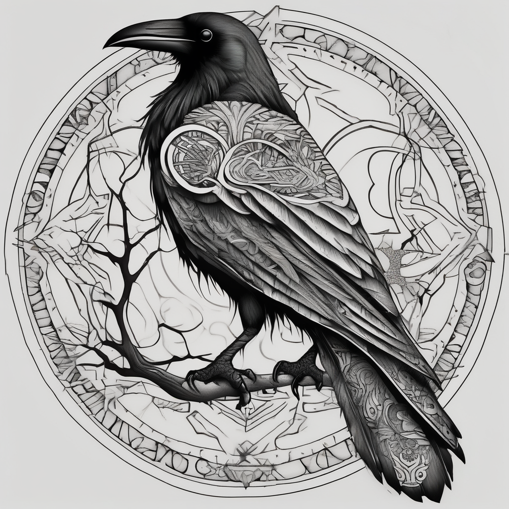 left arm tattoo of a raven on a branch surrounded by mandala glitter tattoo, design de tatouage Surréaliste généré par IA